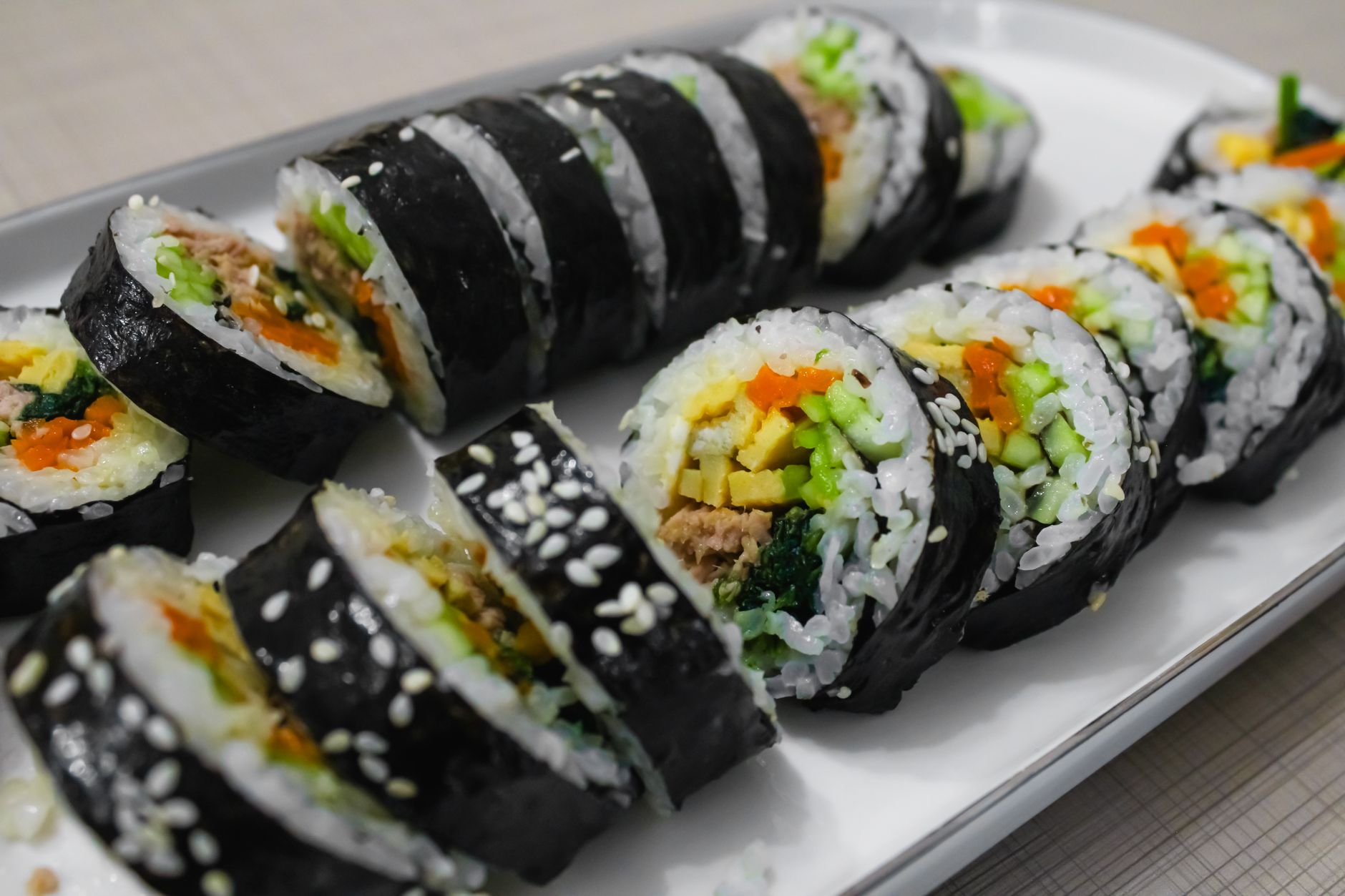 Fresh Korean gimbap rice rolls sliced and ready to eat