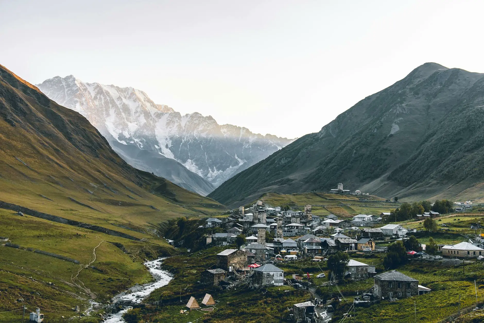 Ushguli village and mountains in Svaneti Georgia