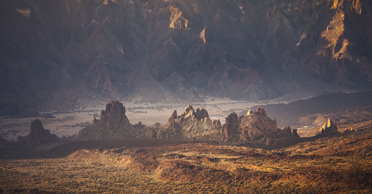 Volcanic rock formations in Tenerife in warm evening light